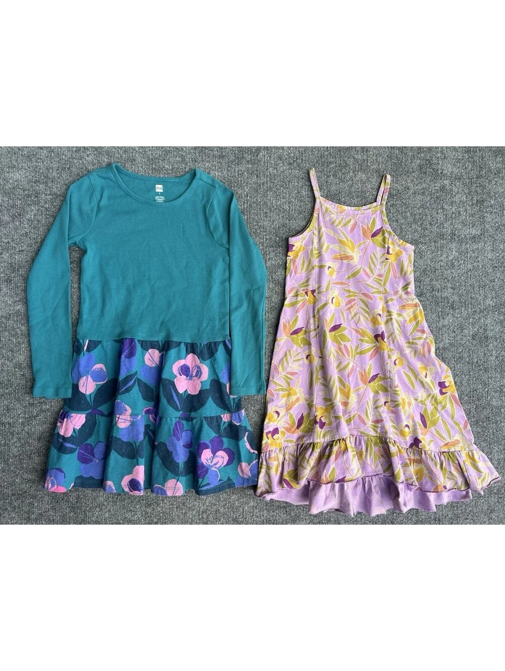 Tea Collection Girls 5 & 6 Floral Dress Bundle Cotton High Low Long Sleeve 2pc